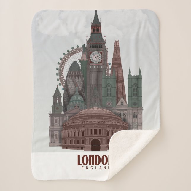 London in Clouds Red and Green Sherpa Blanket (Front)