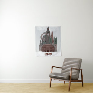 London in Clouds Red and Green Tapestry