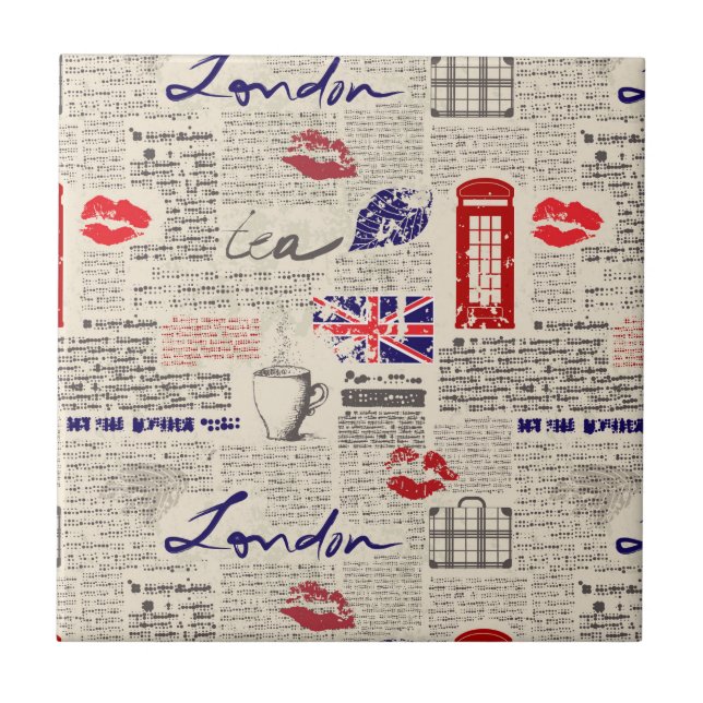 London Newspaper Pattern Ceramic Tile (Front)