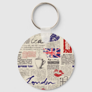 London Newspaper Pattern Key Ring
