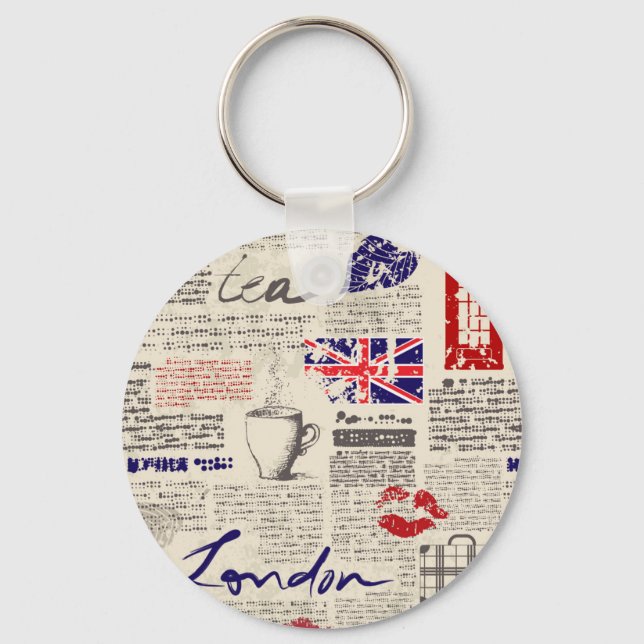 London Newspaper Pattern Key Ring (Front)