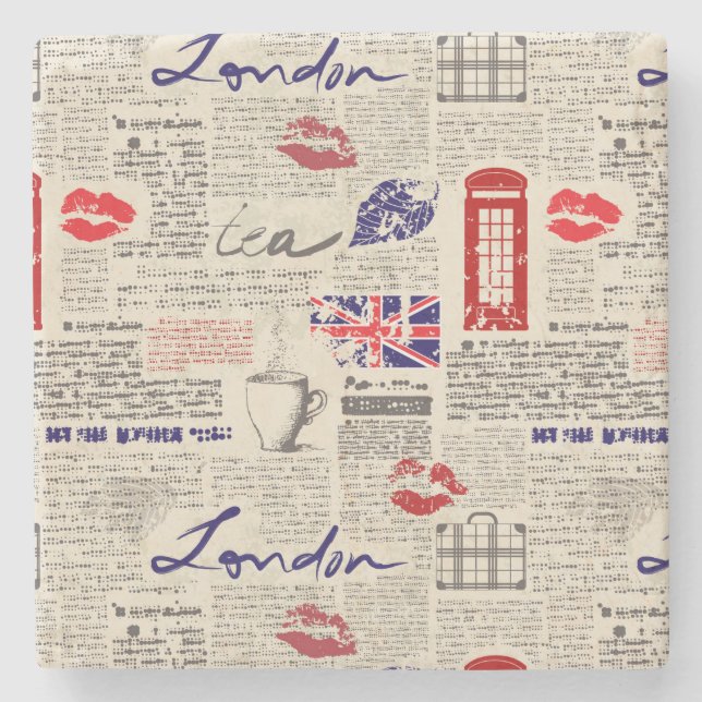 London Newspaper Pattern Stone Coaster (Front)