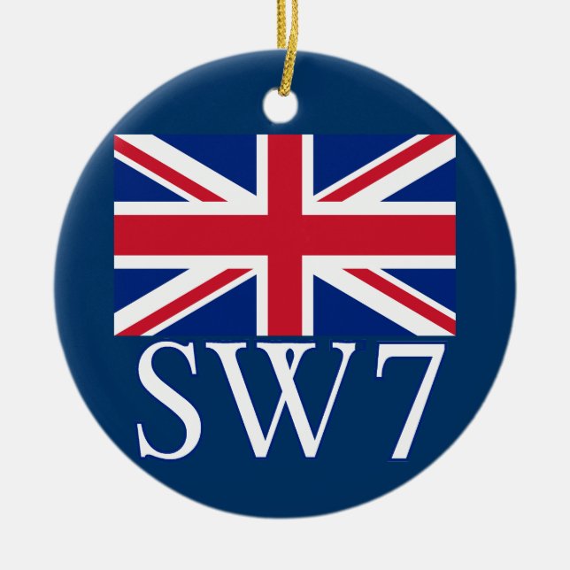 London Postcode SW7 with Union Jack Ceramic Ornament (Front)