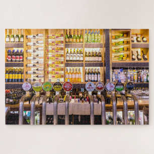 London pub, beer pumps and wine bottles, England, Jigsaw Puzzle