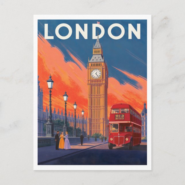 London Red Bus Big Ben Art Postcard (Front)