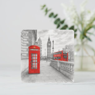 London Red Phone Booth & Bus Watercolor Card