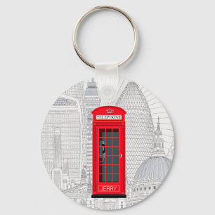London Red Phone Booth Skyline with Custom Name Key Ring