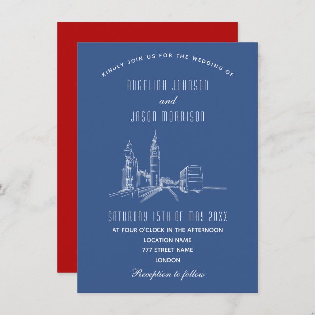 London Skyline Blue Red Wedding Invitation (Front/Back)