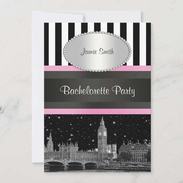 London Skyline BW Blk Wht Strp Pink Bachelorette Invitation (Front)