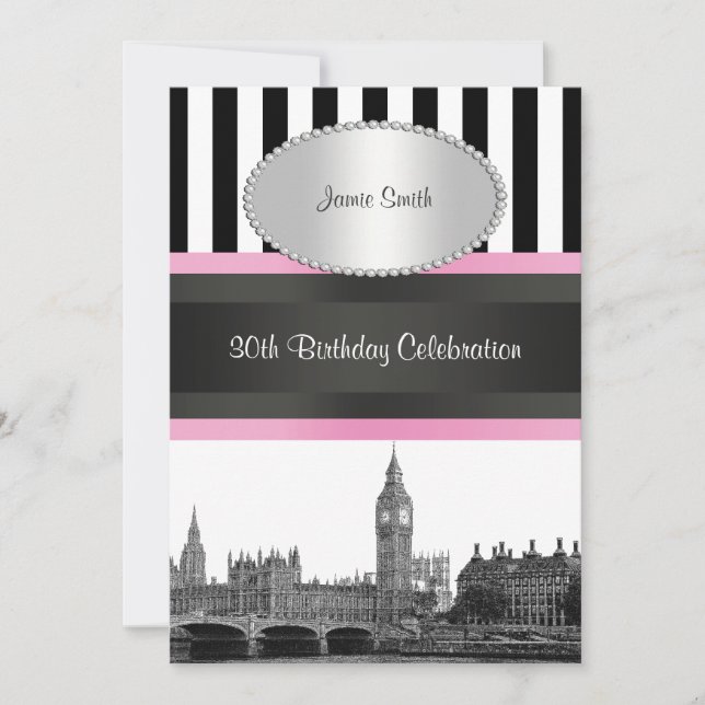 London Skyline BW Blk Wht Strp Pink Birthday Pty Invitation (Front)