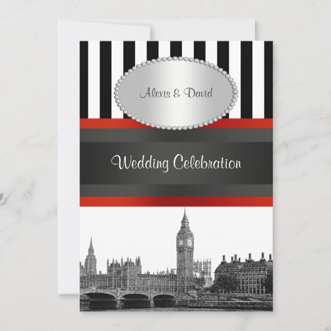 London Skyline BW Blk Wht Strp Red P Wedding Invitation (Front)