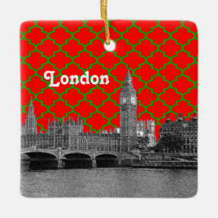 London Skyline Etched, Green Red Green Quatrefoil Ceramic Tree Decoration