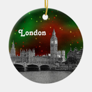 London Skyline Etched, Green Red Starry Sky Xmas Ceramic Ornament