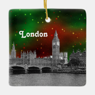 London Skyline Etched, Green Red Starry Sky Xmas Ceramic Tree Decoration
