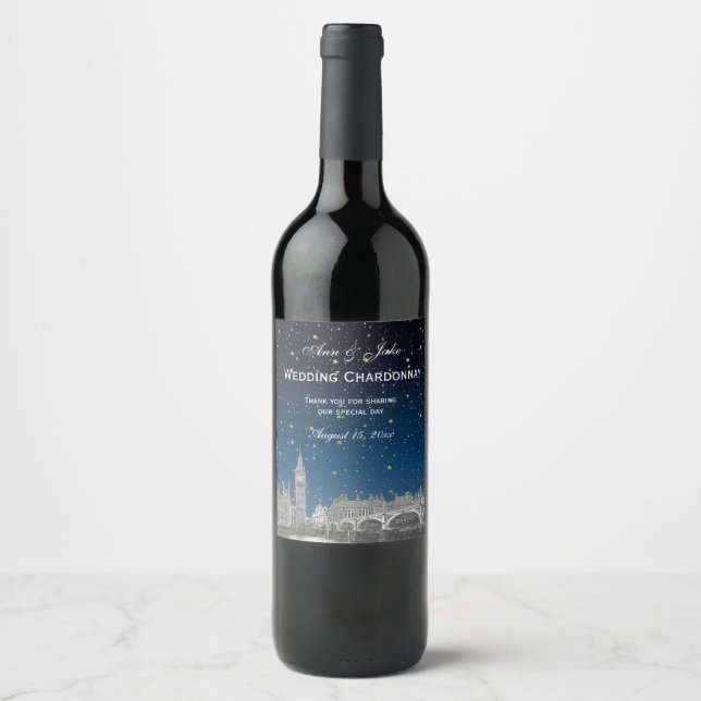 London Skyline Etched Starry Blue Gradient BG Wine Label (Front)