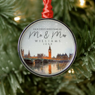 London Skyline First Christmas As Mr & Mrs Photo Metal Ornament