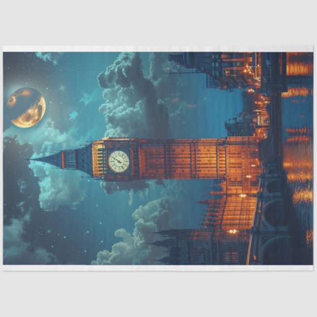 London Skyline Night Moon Decoupage Tissue Paper (Front)