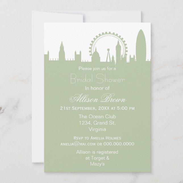 London Skyline Sage Bridal shower Invites (Front)