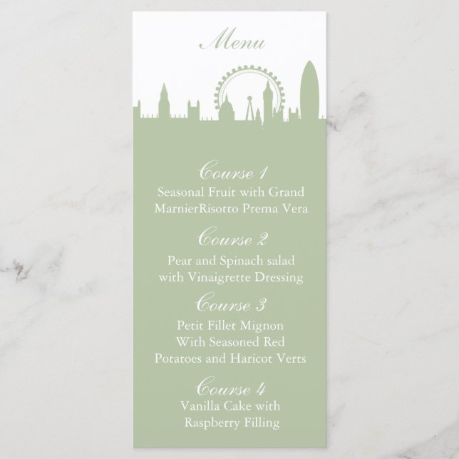 London Skyline Sage Personalised Menu cards (Front)
