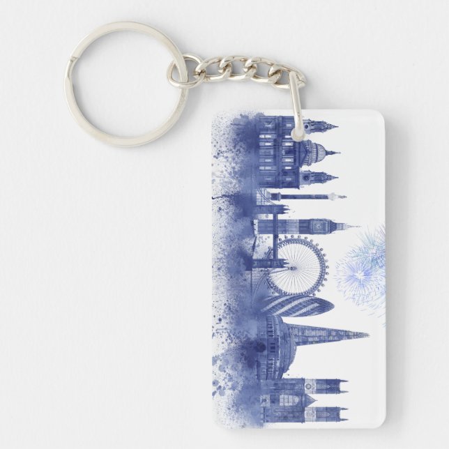 London Skyline - Watercolor Blue Key Ring (Front)