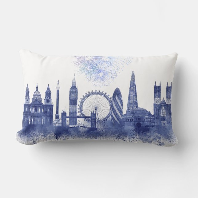 London Skyline - Watercolor Blue Lumbar Cushion (Front)