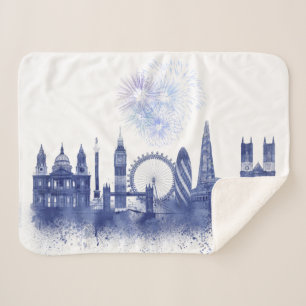 London Skyline - Watercolor Blue Sherpa Blanket