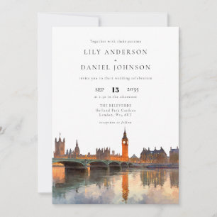 London Skyline Watercolor Elegant Wedding Invitation