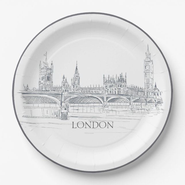 London Skyline With Big Ben Blue Ink Sketch Paper Plate (Front)
