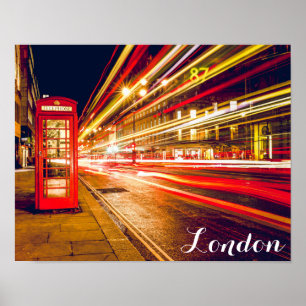 London Telephone Booth Bus City Street at Night Poster