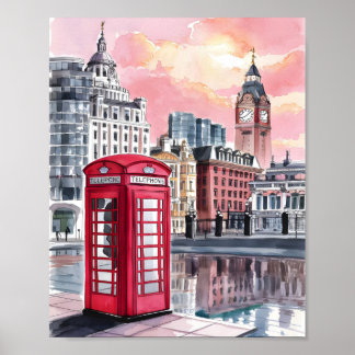 London Telephone Booth Watercolor Poster