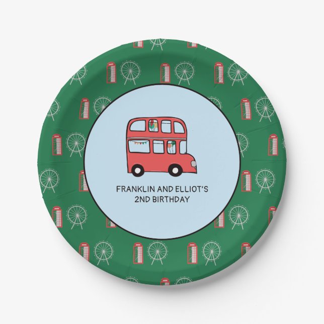 London Theme Kids Joint Birthday Party Paper Plate (Front)
