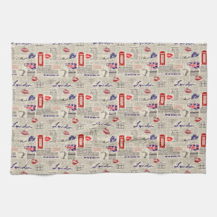 London Themed Seamless Pattern with Phone Booths Tea Towel