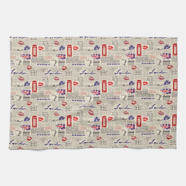 London Themed Seamless Pattern with Phone Booths Tea Towel (Horizontal)