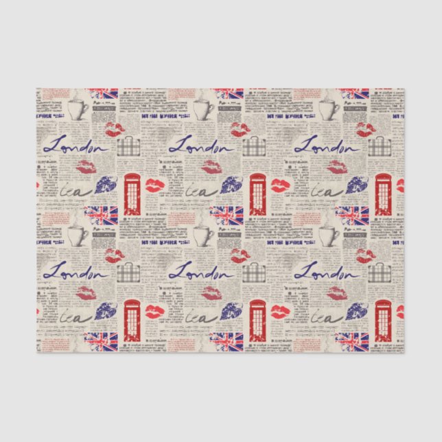 London Themed Seamless Pattern with Phone Booths Tissue Paper (Front)