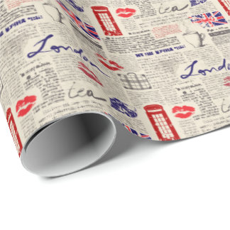 London Themed Seamless Pattern with Phone Booths Wrapping Paper