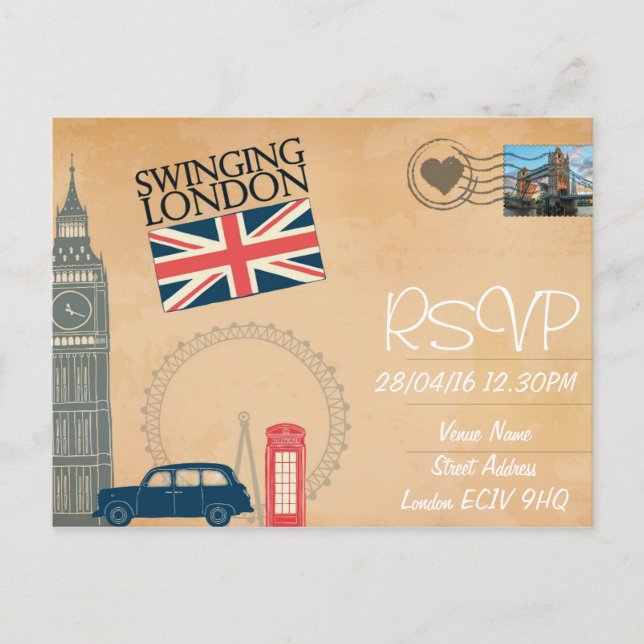 London Themed Wedding RSVP Invitation with Photo Postcard (Front)