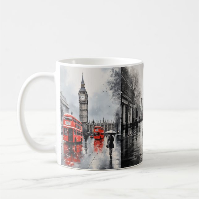 "London-Themed White Ceramic Mug – Iconic Red Bus" (Left)