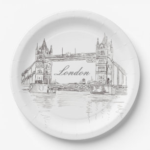 London Tower Bridge Black and White Ink Drawing Paper Plate