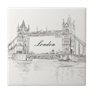 London Tower Bridge Black Ink Classic Drawing Ceramic Tile