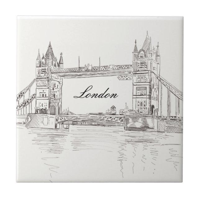 London Tower Bridge Black Ink Classic Drawing Ceramic Tile (Front)