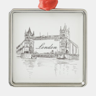 London Tower Bridge Line Drawing Christmas Tree Metal Ornament