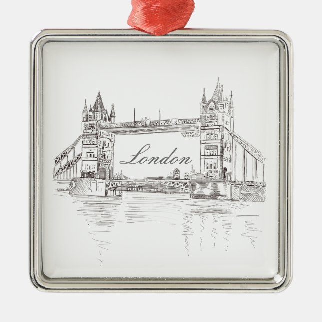 London Tower Bridge Line Drawing Christmas Tree Metal Ornament (Front)