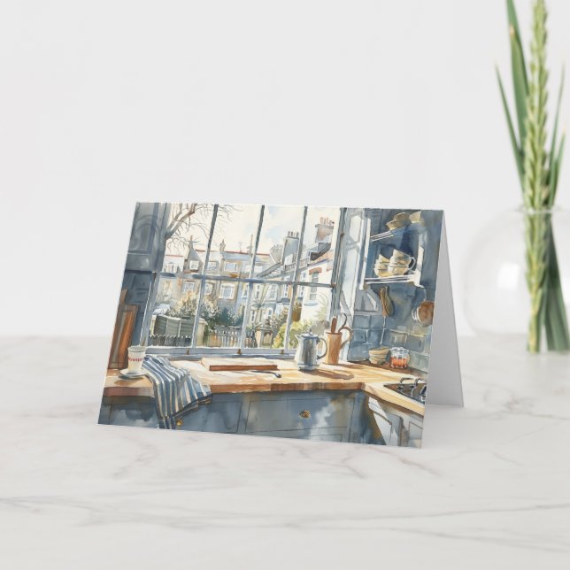 London Townhouse Kitchen Watercolor with Garden Thank You Card (Front)