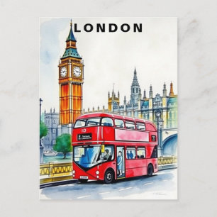 London UK Bus Travel Watercolor Postcard