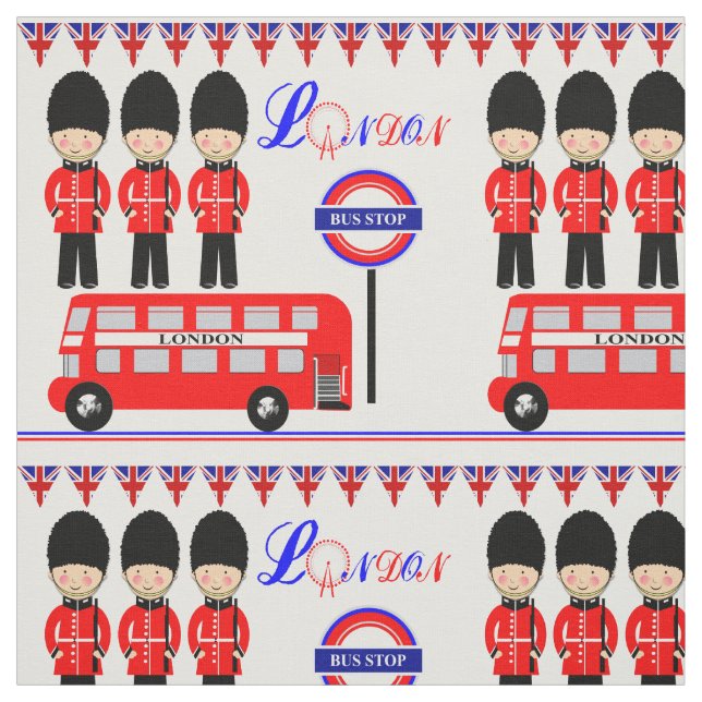 London UK Cute Royal Queens Guard Red Bus Pattern Fabric (Swatch)