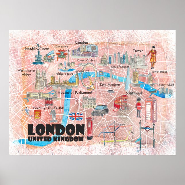 London UK Illustrated Map with Landmarks Poster (Front)