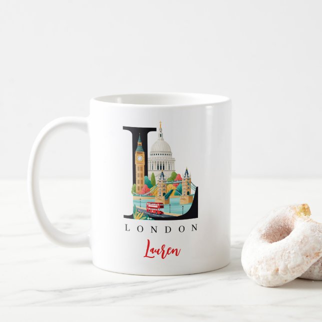 London UK Monogram Letter L Personalised Gift Coffee Mug (With Donut)