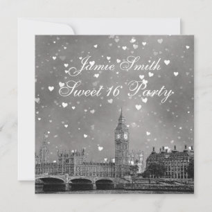 London UK Skyline Grey White Heart Sweet 16 Invitation