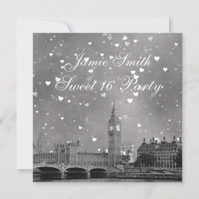 London UK Skyline Grey White Heart Sweet 16 Invitation (Front)