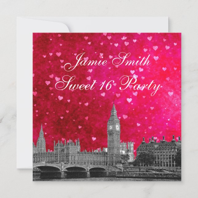 London UK Skyline Hot Pink Red Heart Sweet 16 Invitation (Front)